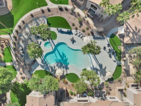 an aerial view of a swimming pool with palm trees